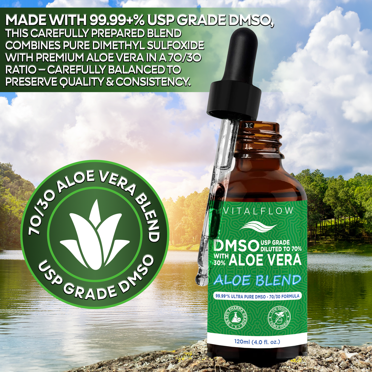 DMSO (Dimethyl Sulfoxide) + Aloe Blend — 99.99+% Purity Pharmaceutical Grade (USP) DMSO in a 70/30 Aloe Vera Blend — 120ml Amber Glass Dropper Bottle
