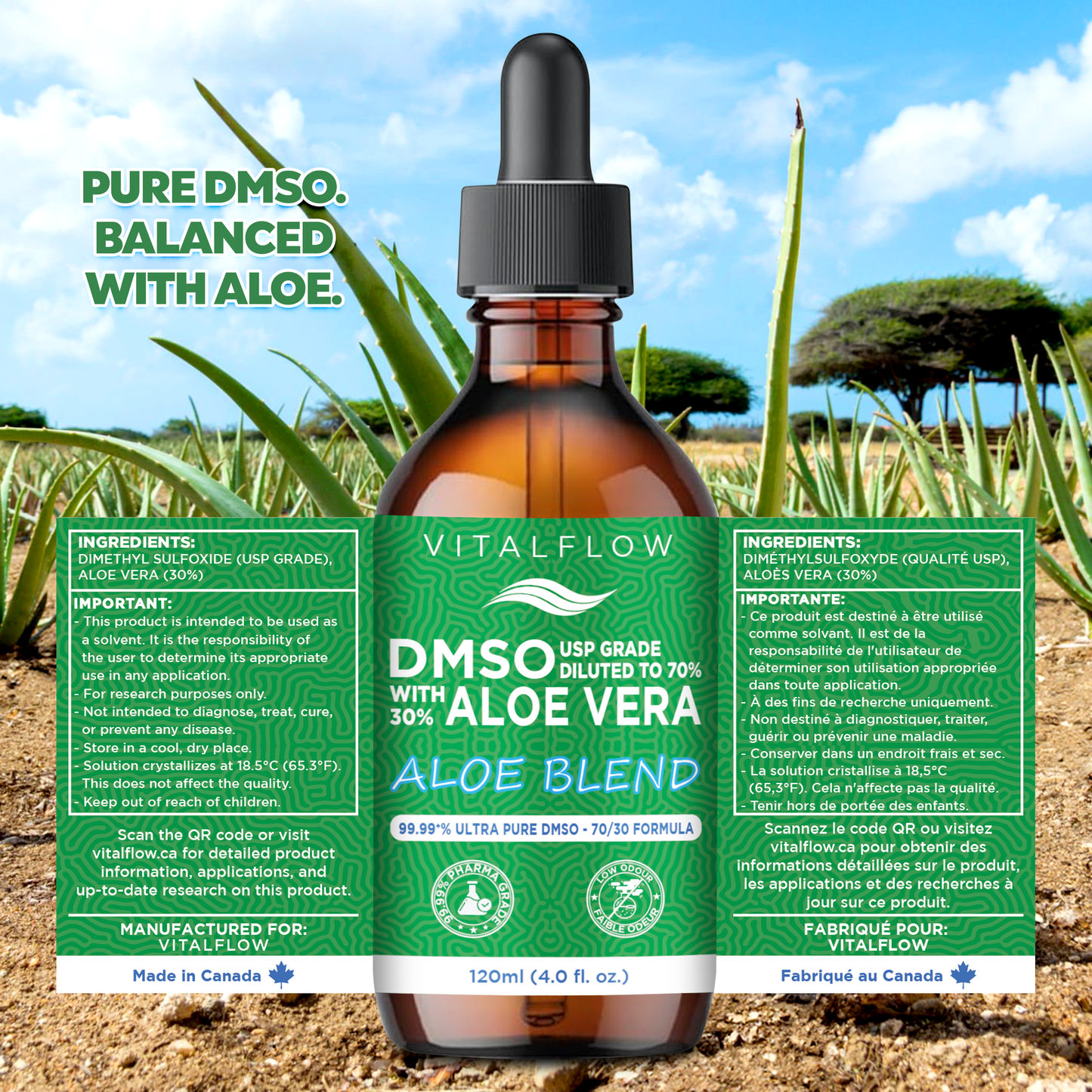 DMSO (Dimethyl Sulfoxide) + Aloe Blend — 99.99+% Purity Pharmaceutical Grade (USP) DMSO in a 70/30 Aloe Vera Blend — 120ml Amber Glass Dropper Bottle