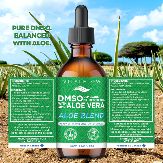 DMSO (Dimethyl Sulfoxide) + Aloe Blend — 99.99+% Purity Pharmaceutical Grade (USP) DMSO in a 70/30 Aloe Vera Blend — 120ml Amber Glass Dropper Bottle