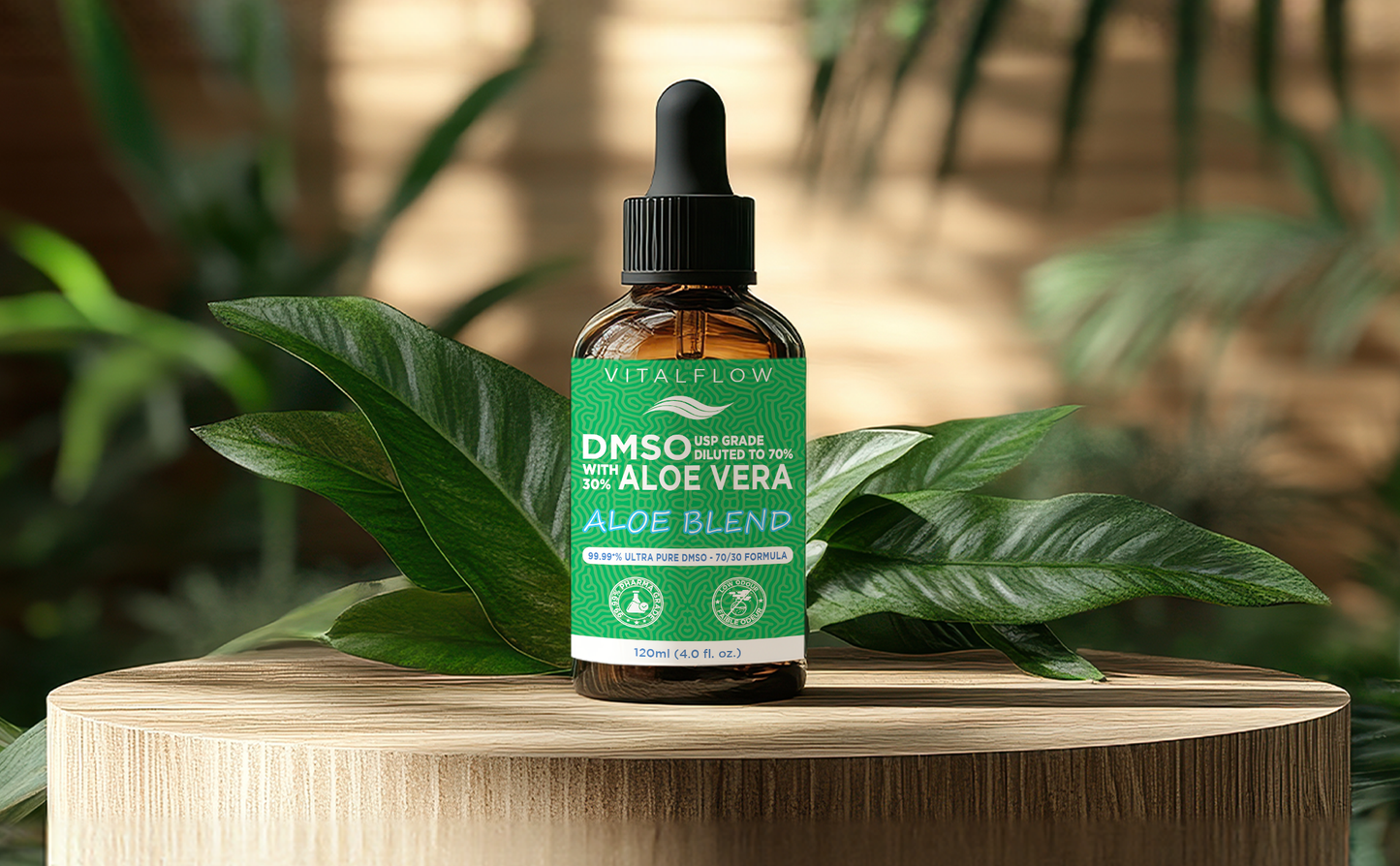 DMSO (Dimethyl Sulfoxide) + Aloe Blend — 99.99+% Purity Pharmaceutical Grade (USP) DMSO in a 70/30 Aloe Vera Blend — 120ml Amber Glass Dropper Bottle