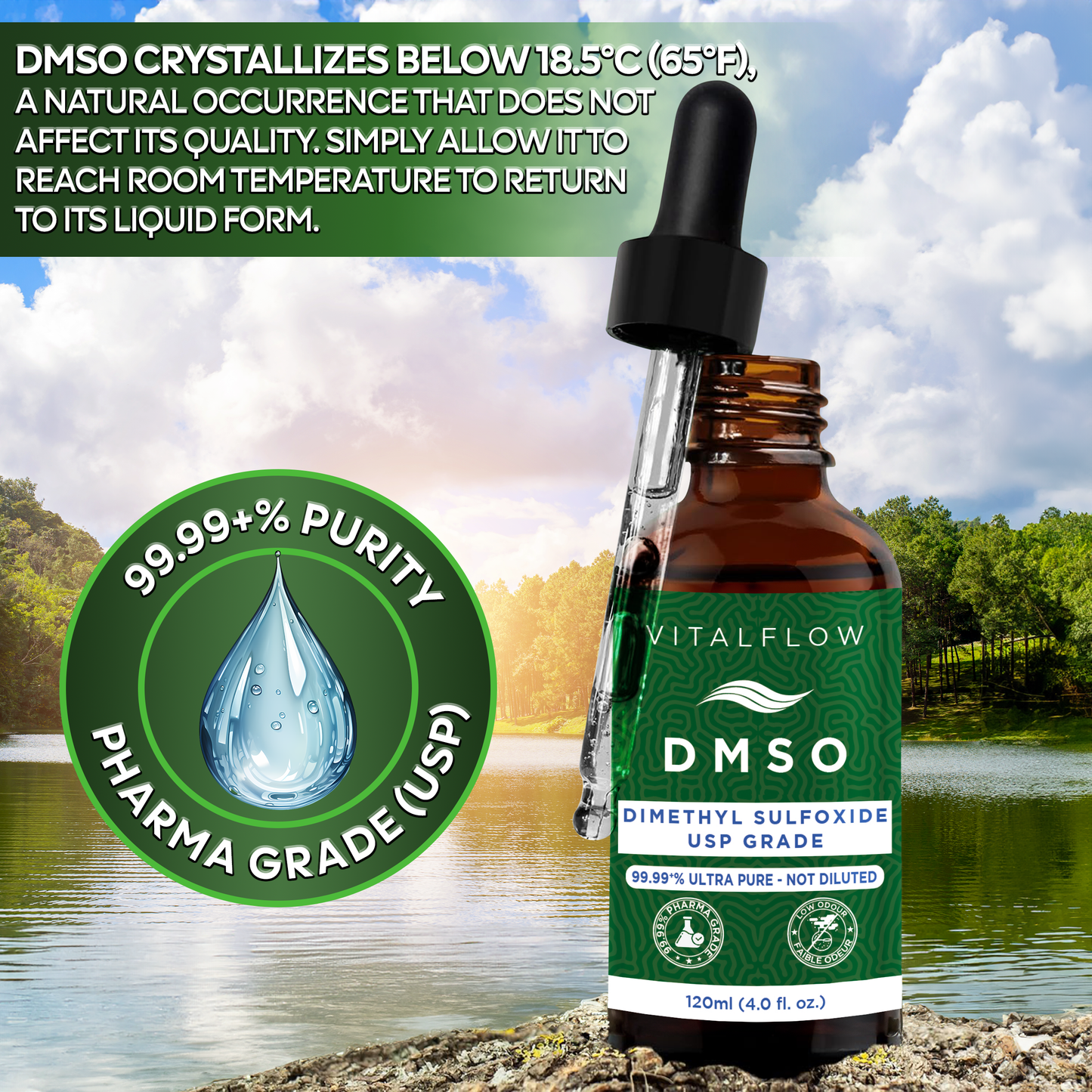 DMSO (Dimethyl Sulphoxide) Liquid 99.99+% Purity Pharmaceutical Grade (USP) - 120ml Amber Glass Bottle With Dropper