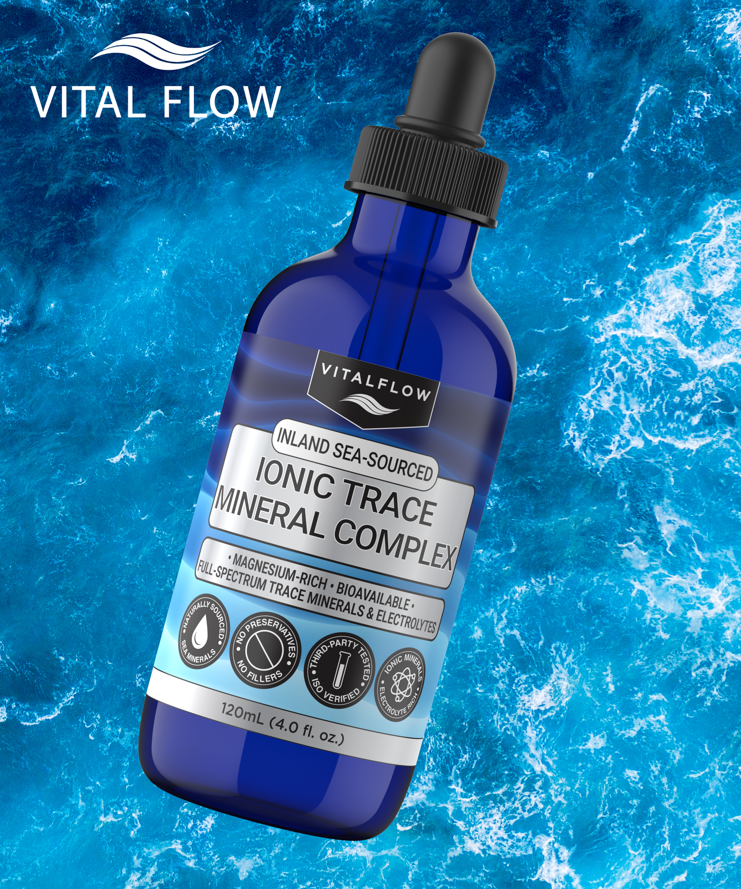 VitalFlow Sea-Sourced Trace Mineral Drops | Magnesium-Rich Full Spectrum Electrolytes | Concentrate | Hydration, Energy, Balance | 120 mL