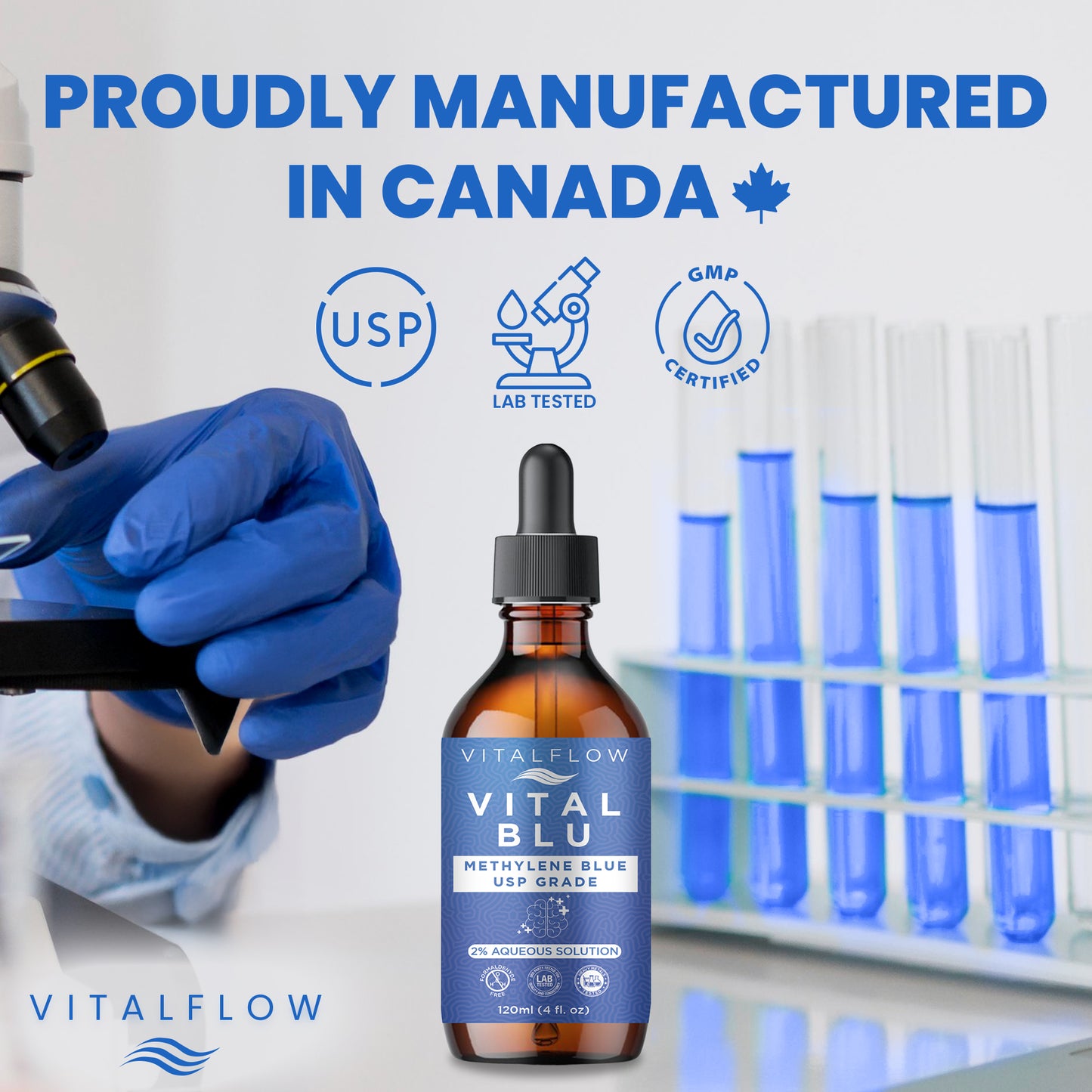 2% High Concentrate Methylene Blue USP Grade 120ml (4fl. oz) - Ultra High Third-Party Tested Purity - Formaldehyde Free - Sturdy Packaging - VITAL BLU