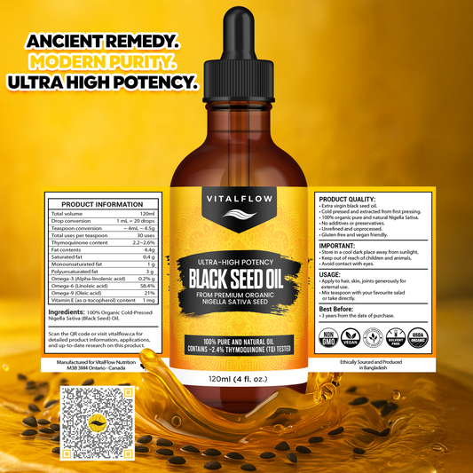 Organic Extra Virgin Cold Pressed Black Seed Nigella Sativa Oil 120ml - 100% Pure and Natural Cold Pressed with Ultra High Thymoquinone Content
