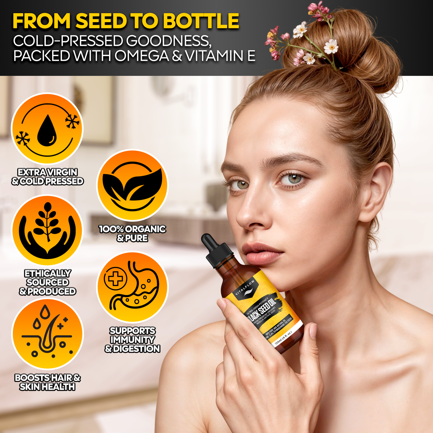 Organic Extra Virgin Cold Pressed Black Seed Nigella Sativa Oil 120ml - 100% Pure and Natural Cold Pressed with Ultra High Thymoquinone Content