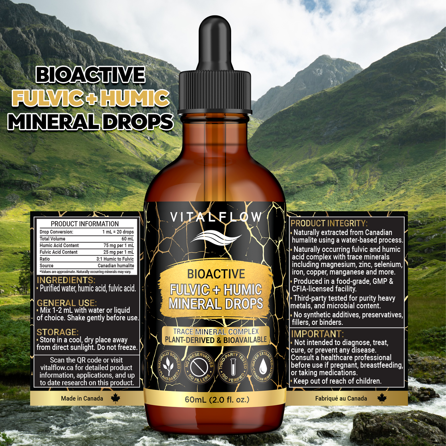 Fulvic + Humic Mineral Drops; 3:1 Humic-Fulvic Bioactive Blend - 60 mL Amber Dropper | GMP & ISO Verified, Third-Party Tested, No Preservatives