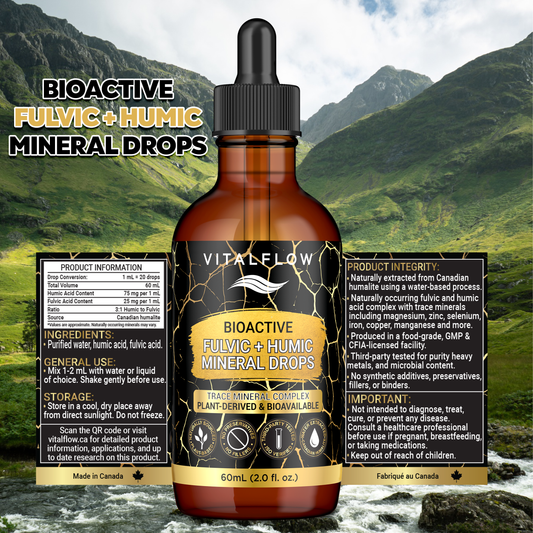 Fulvic + Humic Mineral Drops; 3:1 Humic-Fulvic Bioactive Blend - 60 mL Amber Dropper | GMP & ISO Verified, Third-Party Tested, No Preservatives