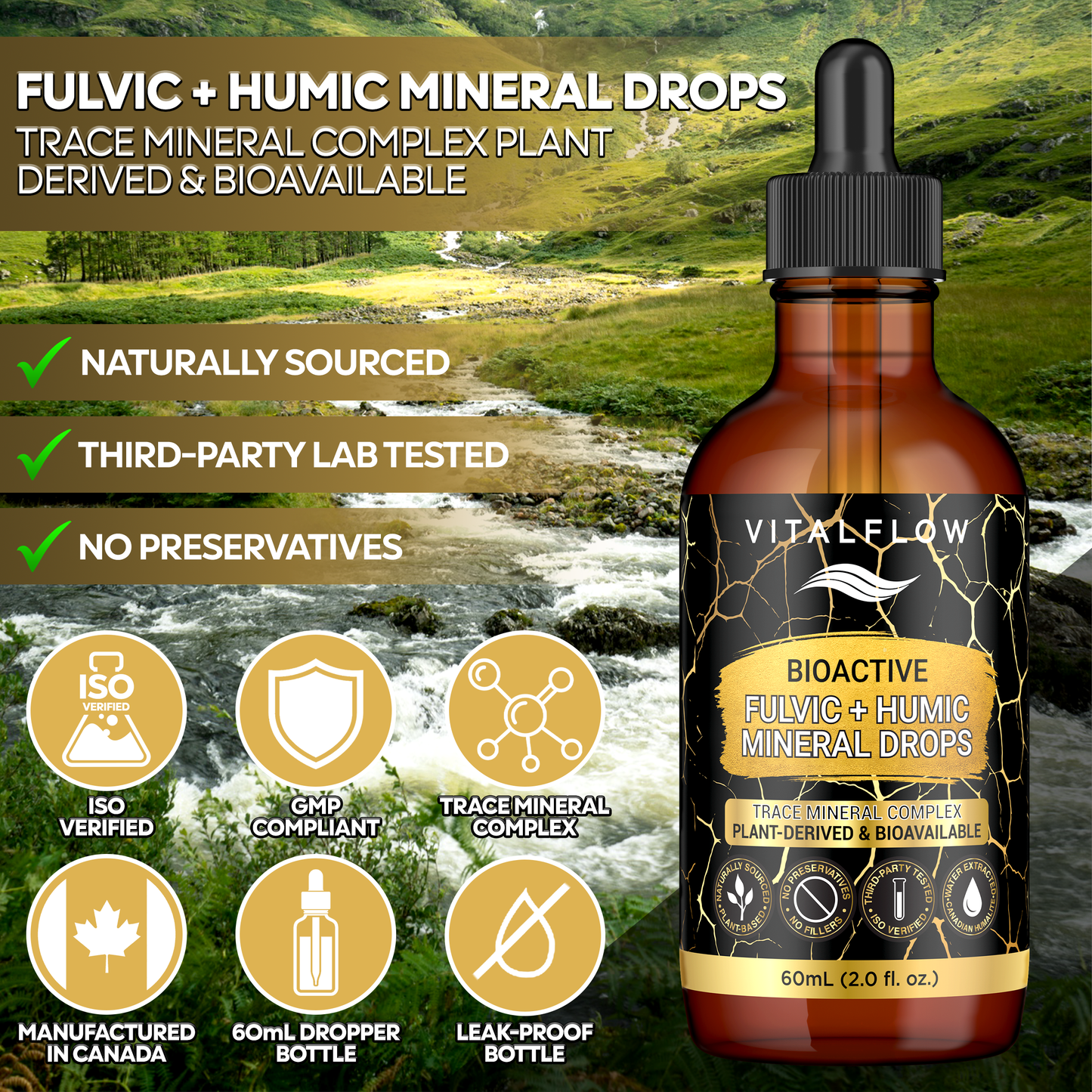 Fulvic + Humic Mineral Drops; 3:1 Humic-Fulvic Bioactive Blend - 60 mL Amber Dropper | GMP & ISO Verified, Third-Party Tested, No Preservatives