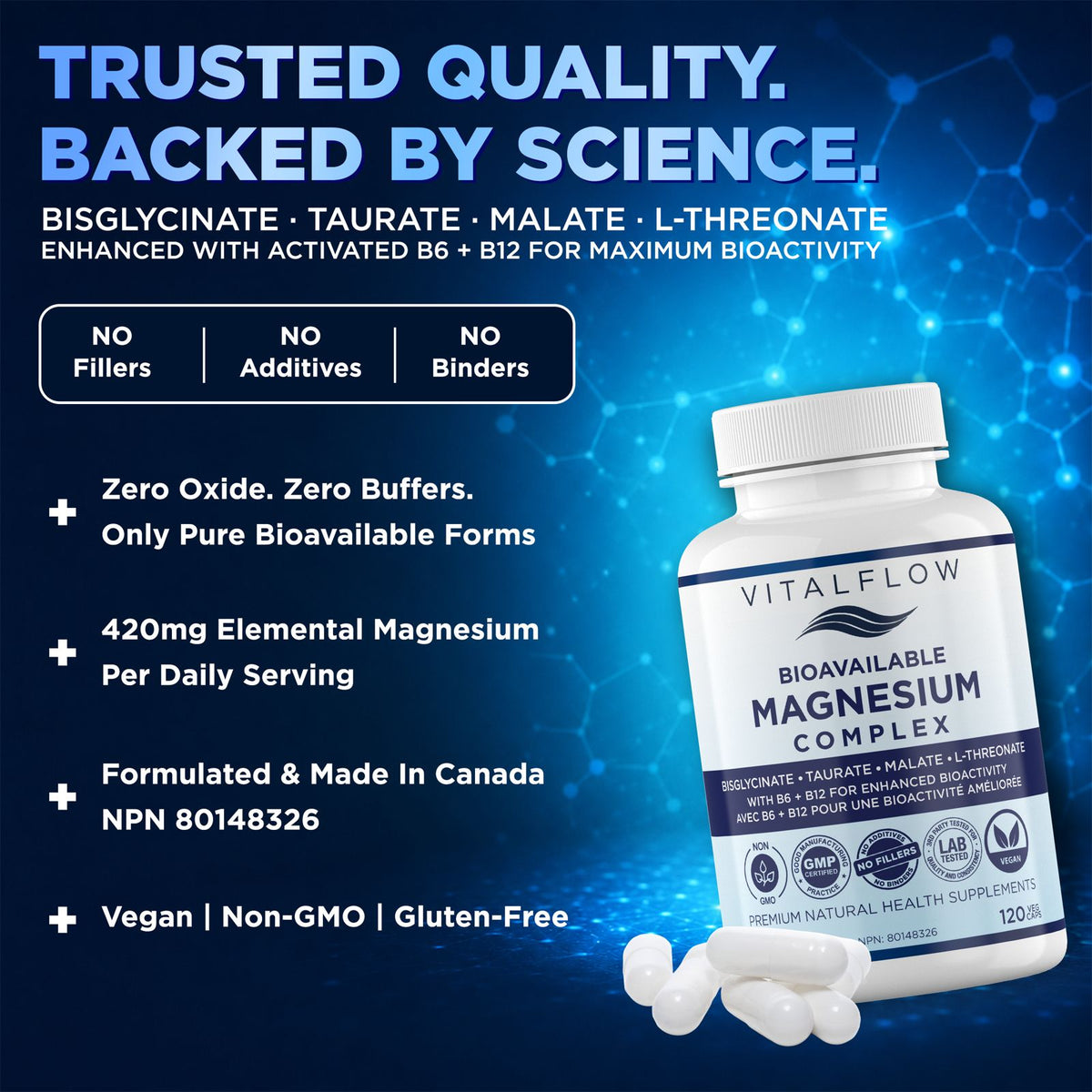 Bioavailable Magnesium Complex: Bisglycinate, Malate, Taurate & L-Threonate with Activated B6 + B12 | 120 Vegan Capsules