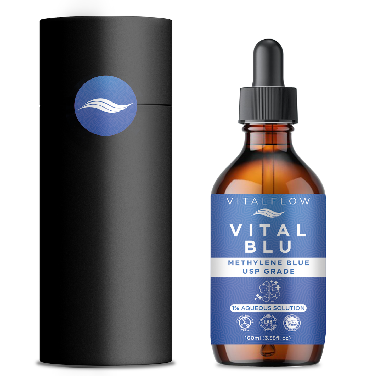 VITAL BLU Methylene Blue 1% USP Grade 100ml (3.38fl. oz), High Tested Purity, Formaldehyde Free