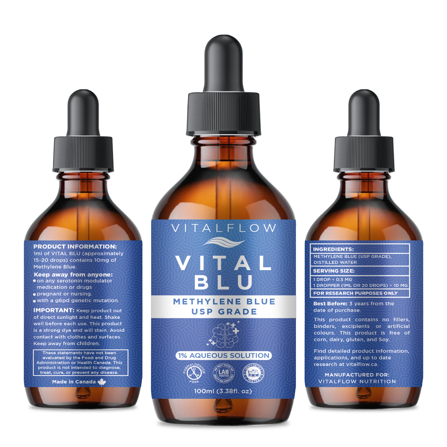 VITAL BLU Methylene Blue 1% USP Grade 100ml (3.38fl. oz), High Tested Purity, Formaldehyde Free