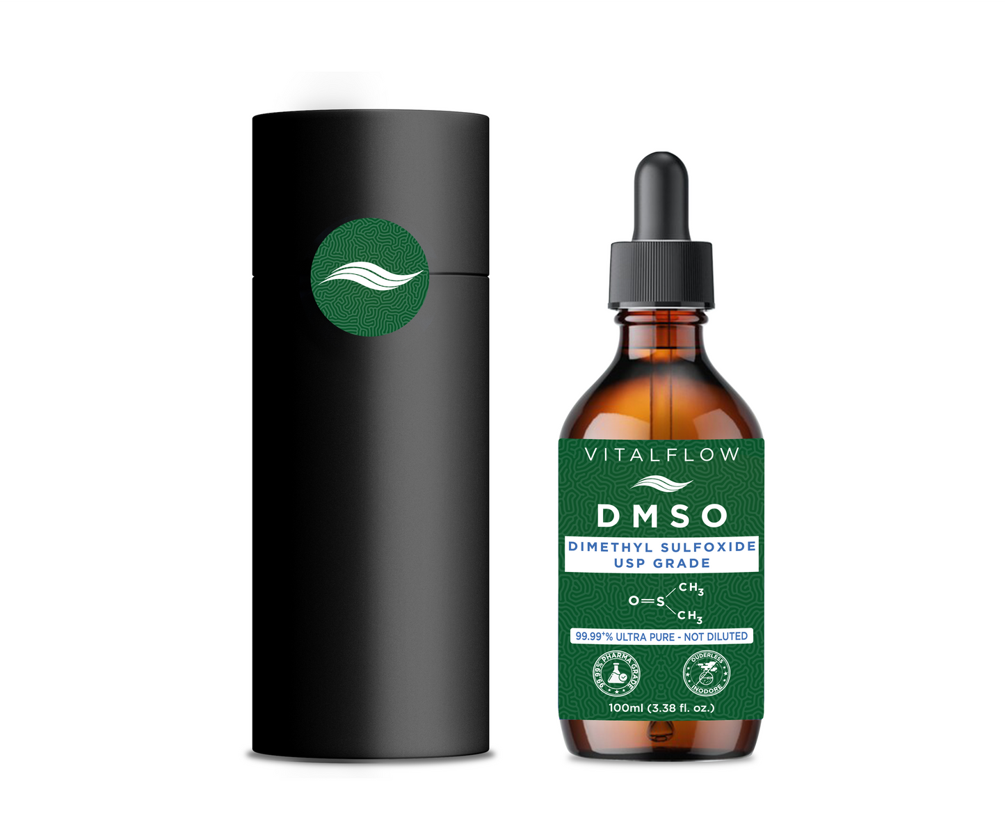 DMSO (Dimethyl Sulphoxide) Liquid 99.99+% Purity Pharmaceutical Grade (USP) - 100ml Amber Glass Bottle With Dropper - Ouderless.