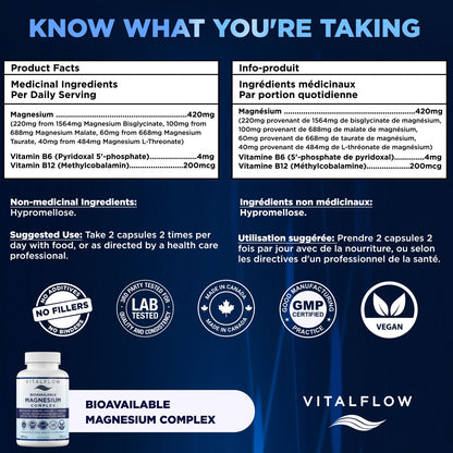 Bioavailable Magnesium Complex: Bisglycinate, Malate, Taurate & L-Threonate with Activated B6 + B12 | 120 Vegan Capsules