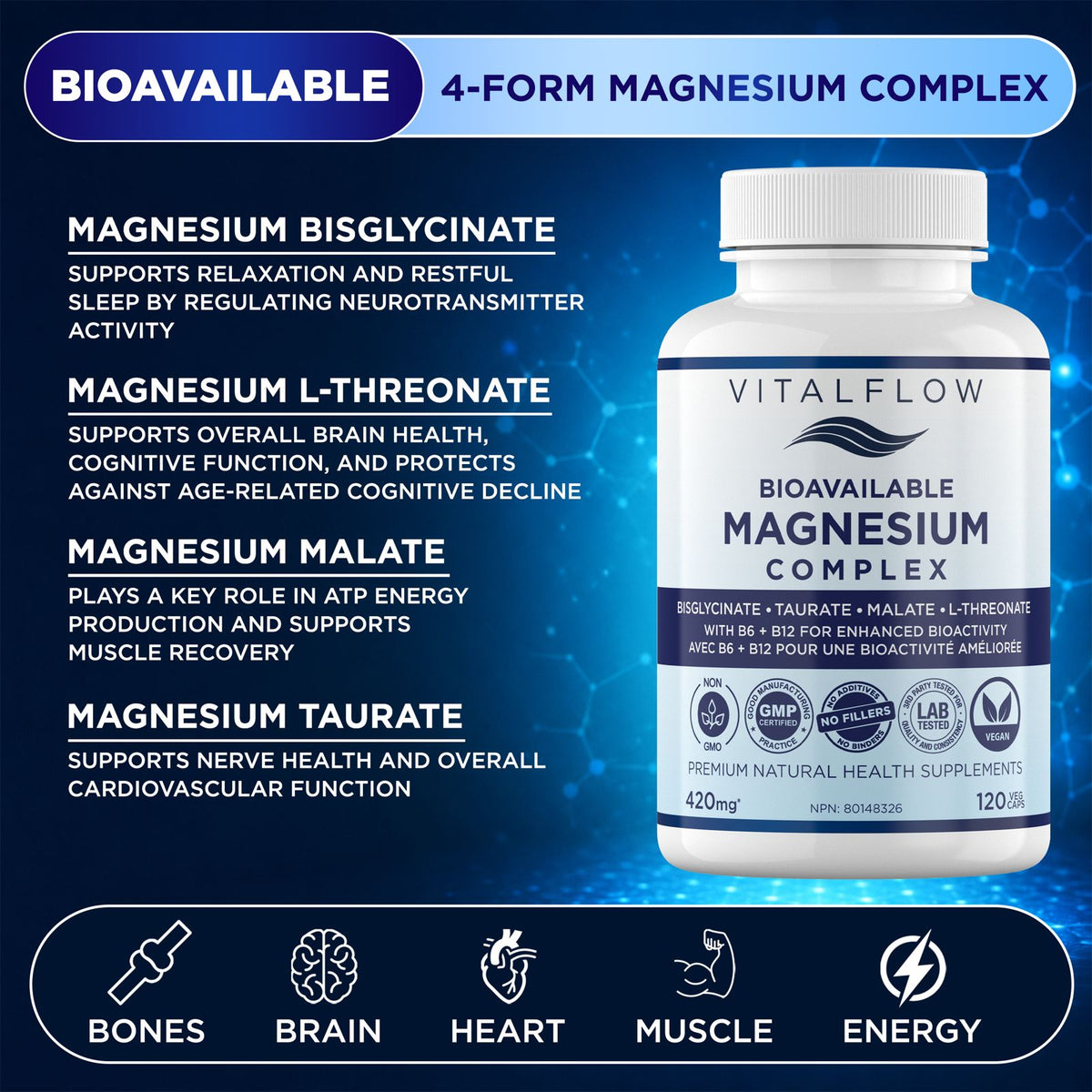 Bioavailable Magnesium Complex: Bisglycinate, Malate, Taurate & L-Threonate with Activated B6 + B12 | 120 Vegan Capsules