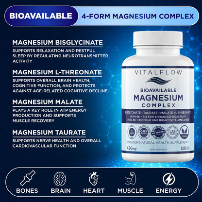 Bioavailable Magnesium Complex: Bisglycinate, Malate, Taurate & L-Threonate with Activated B6 + B12 | 120 Vegan Capsules