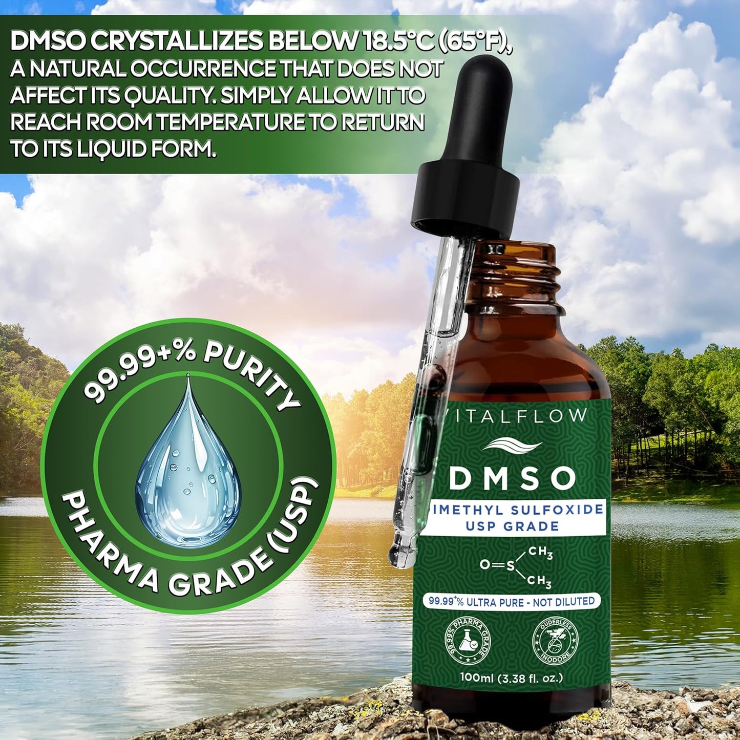 DMSO (Dimethyl Sulphoxide) Liquid 99.99+% Purity Pharmaceutical Grade (USP) - 100ml Amber Glass Bottle With Dropper - Ouderless.