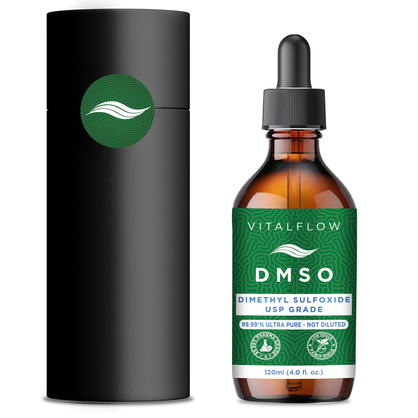 DMSO (Dimethyl Sulphoxide) Liquid 99.99+% Purity Pharmaceutical Grade (USP) - 120ml Amber Glass Bottle With Dropper