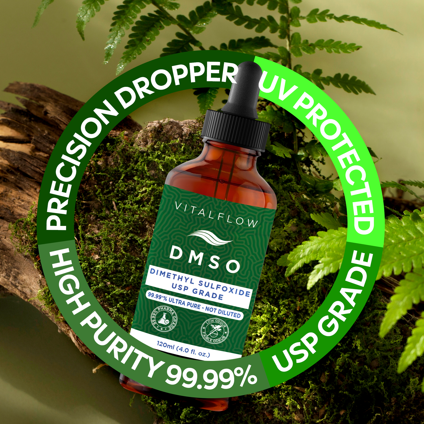 DMSO (Dimethyl Sulphoxide) Liquid 99.99+% Purity Pharmaceutical Grade (USP) - 120ml Amber Glass Bottle With Dropper