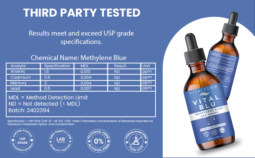 VITAL BLU Methylene Blue 1% USP Grade 100ml (3.38fl. oz), High Tested Purity, Formaldehyde Free