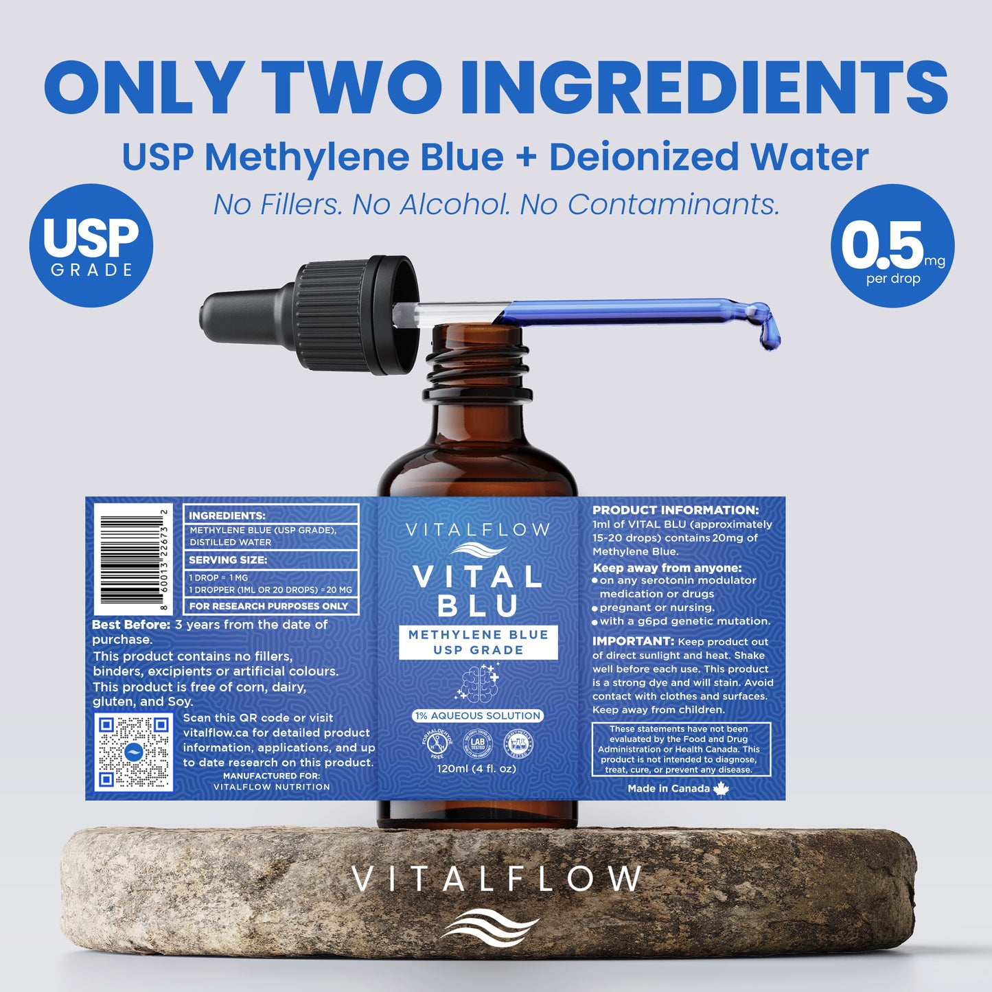 VITAL BLU Methylene Blue 1% USP Grade 120ml (4fl. oz), High Tested Purity, Formaldehyde Free