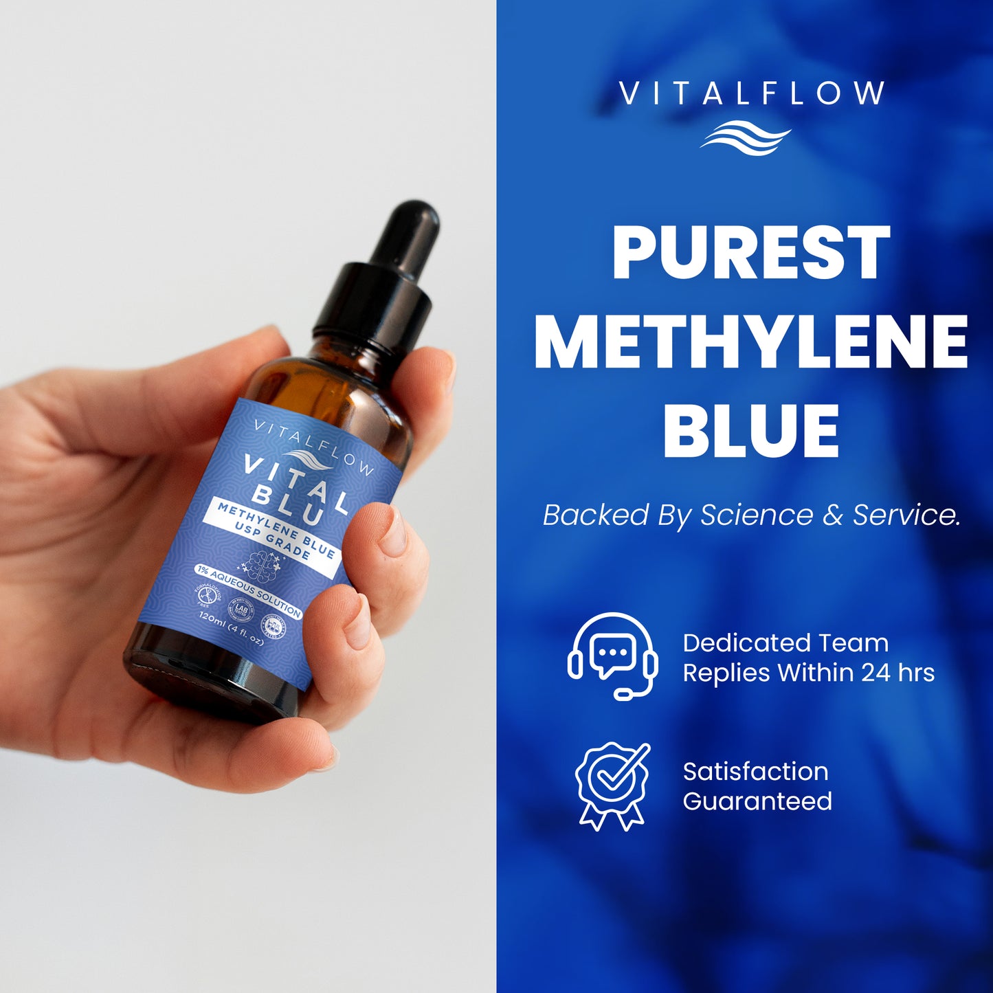 VITAL BLU Methylene Blue 1% USP Grade 120ml (4fl. oz), High Tested Purity, Formaldehyde Free