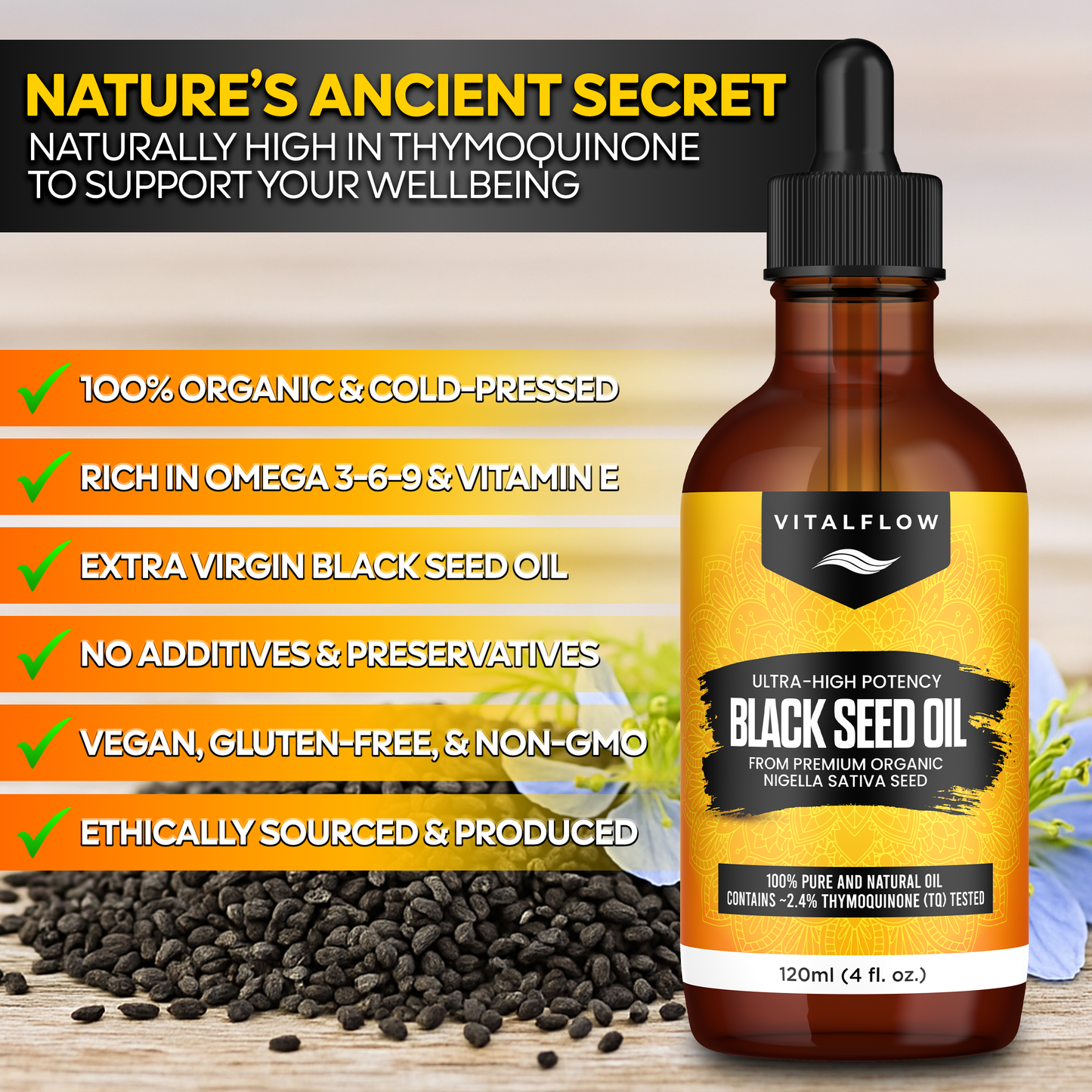 Organic Extra Virgin Cold Pressed Black Seed Nigella Sativa Oil 120ml - 100% Pure and Natural Cold Pressed with Ultra High Thymoquinone Content