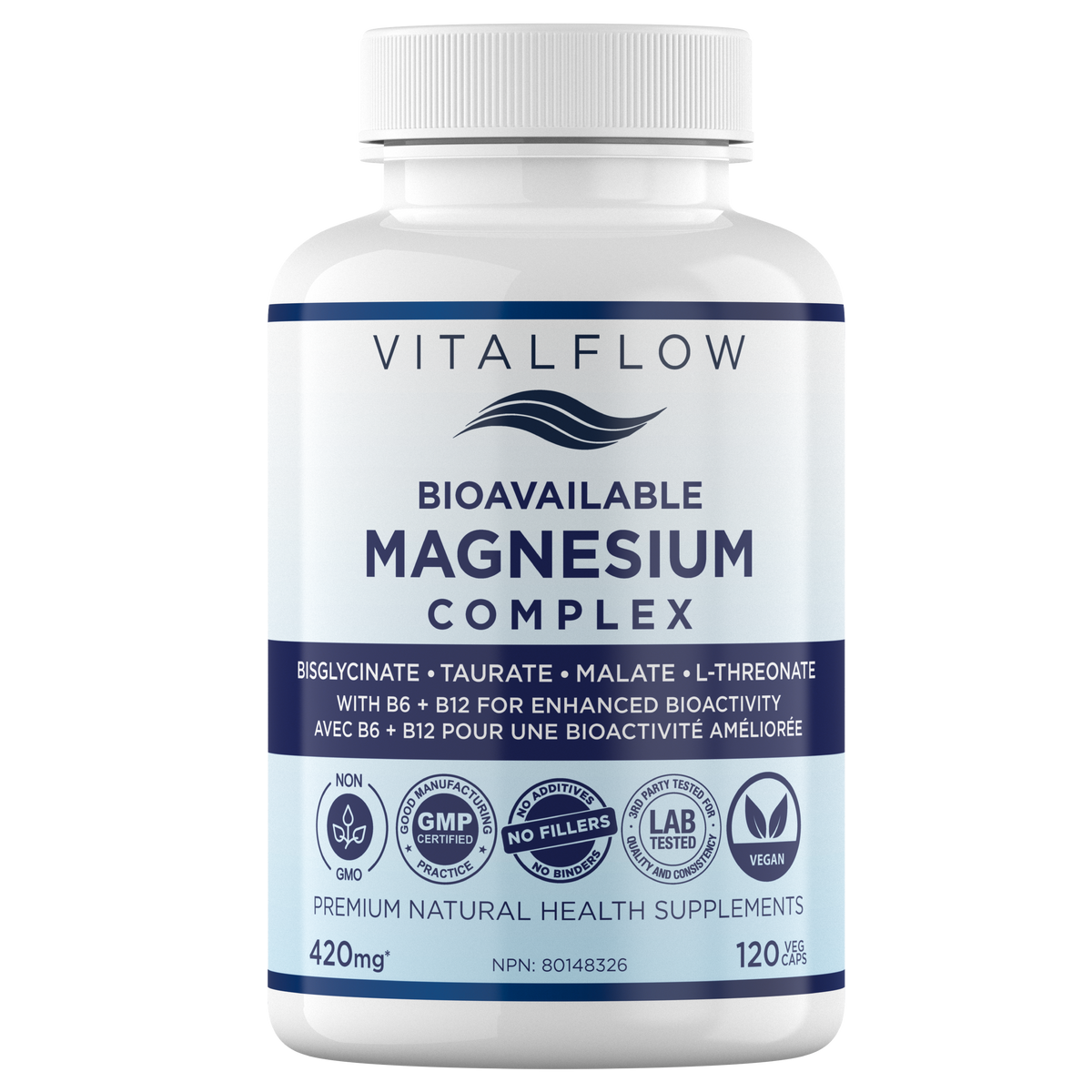 Bioavailable Magnesium Complex: Bisglycinate, Malate, Taurate & L-Threonate with Activated B6 + B12 | 120 Vegan Capsules