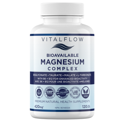 Bioavailable Magnesium Complex: Bisglycinate, Malate, Taurate & L-Threonate with Activated B6 + B12 | 120 Vegan Capsules