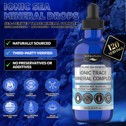 VitalFlow Sea-Sourced Trace Mineral Drops | Magnesium-Rich Full Spectrum Electrolytes |  Concentrate | Hydration, Energy, Balance | 120 mL